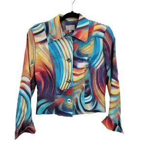 Vintage 80's Alberto Makali Blazer Psychedelic Western Disco Made USA Blue 8